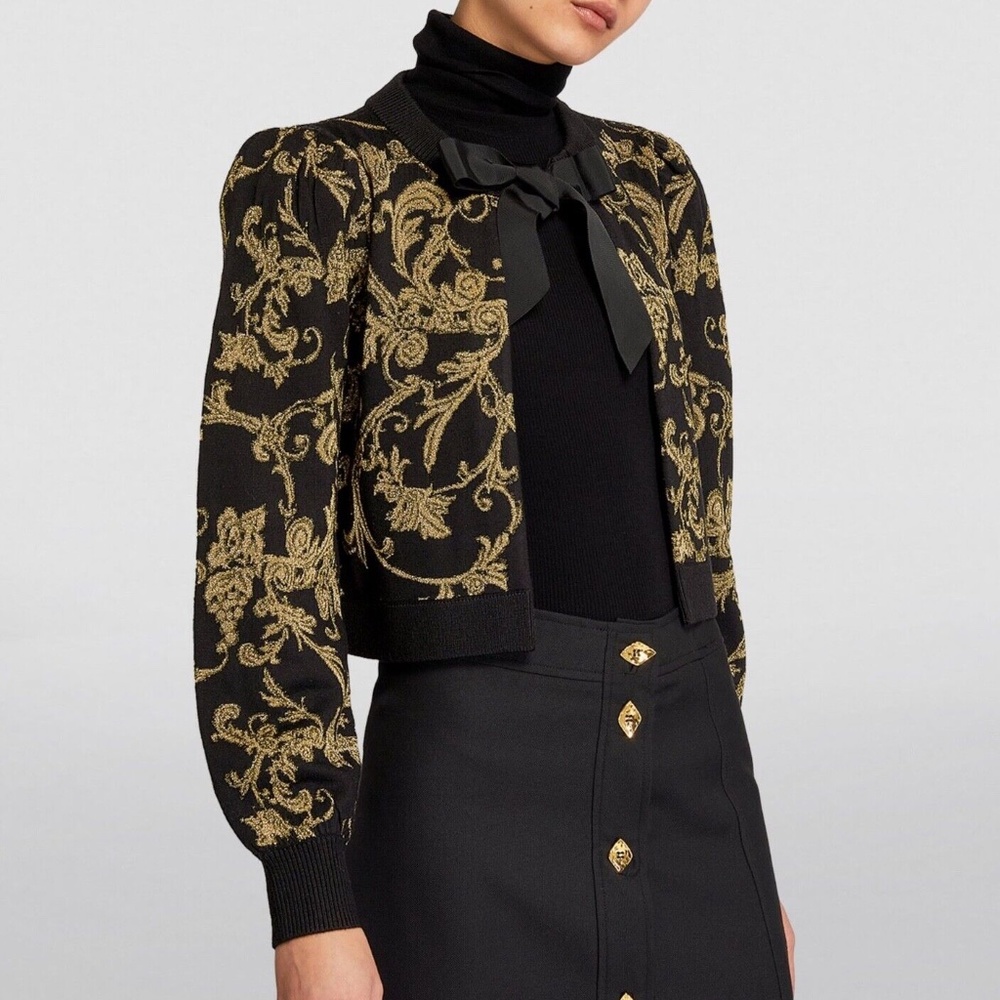 Alice and Olivia Kitty Bow Puff Sleeve Cardigan, Black and Gold - Retail $495